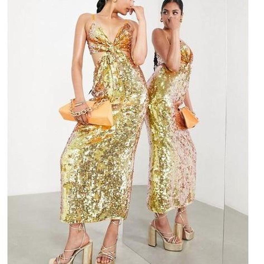 ASOS Edition‎ Knot Front Sequin Cami Midi Dress with Cut Outs in Orange Size 6